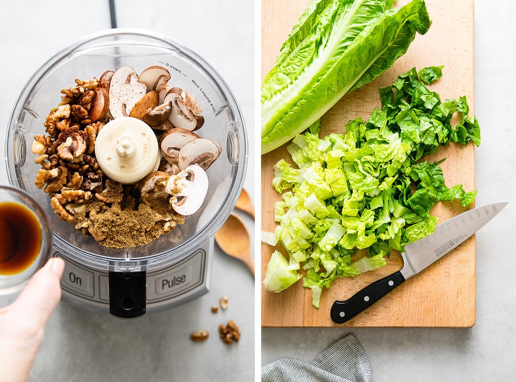 side by side photos of making walnut taco meat and chopping romaine.