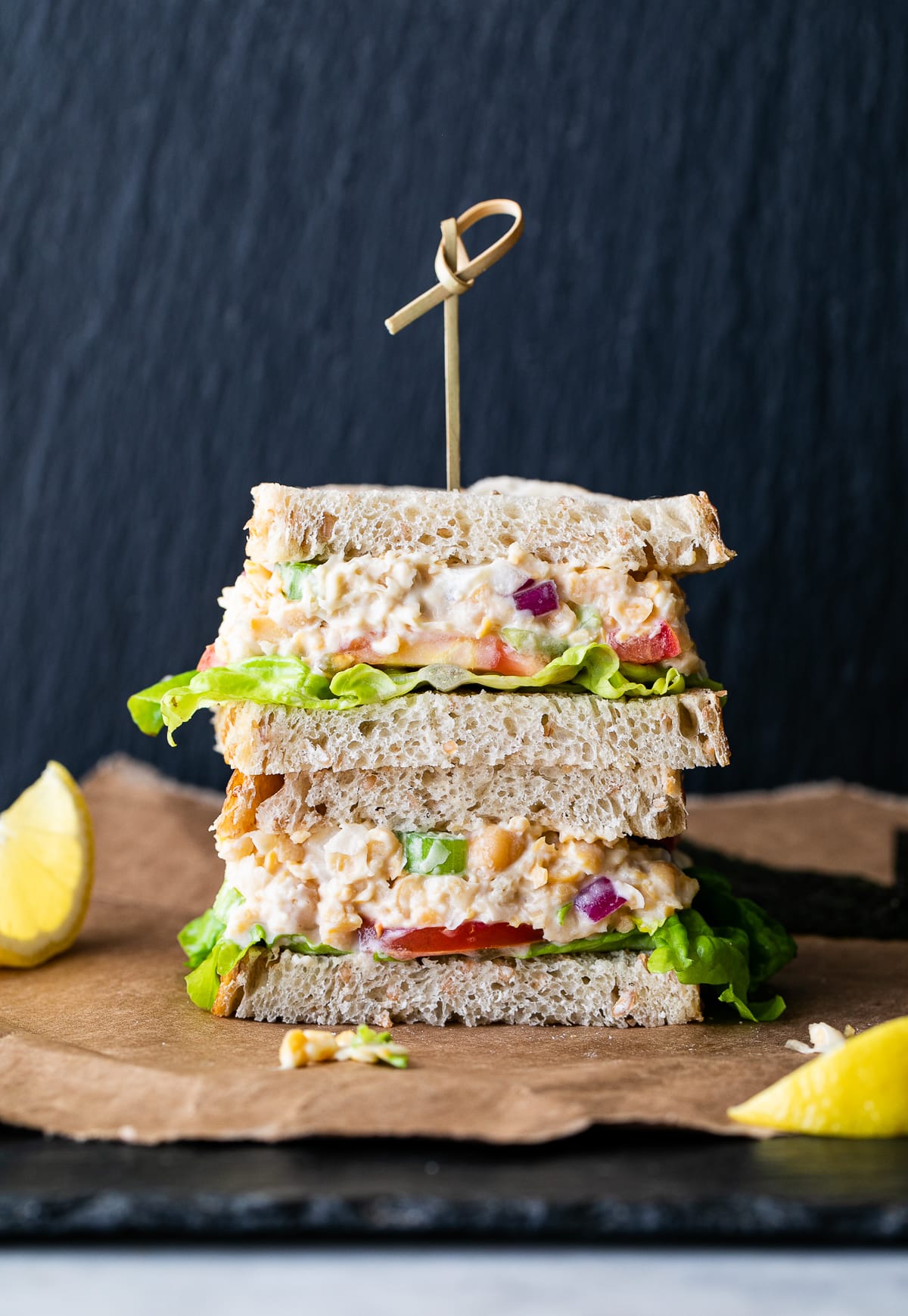 head on view of two halves of vegan chickpea tuna salad stacked.
