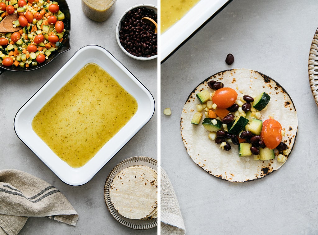 side by side photos showing the process of making vegan enchilada verdes.