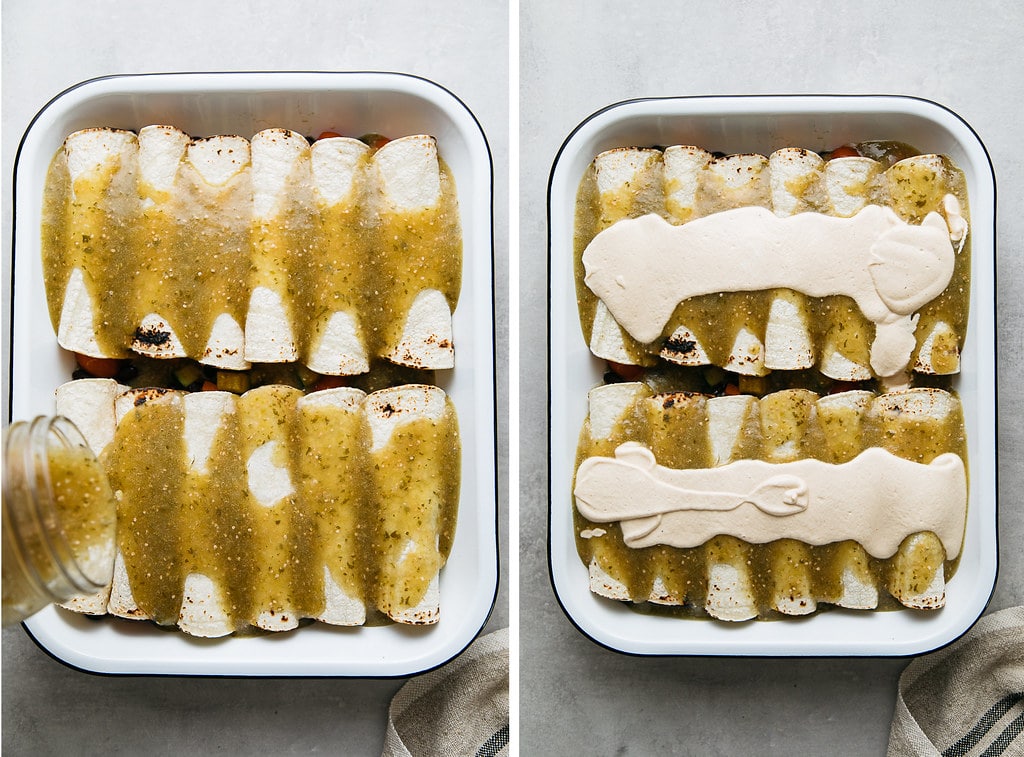 side by side photos showing pouring vegan enchilada sauce and cashew cream on enchiladas before baking.