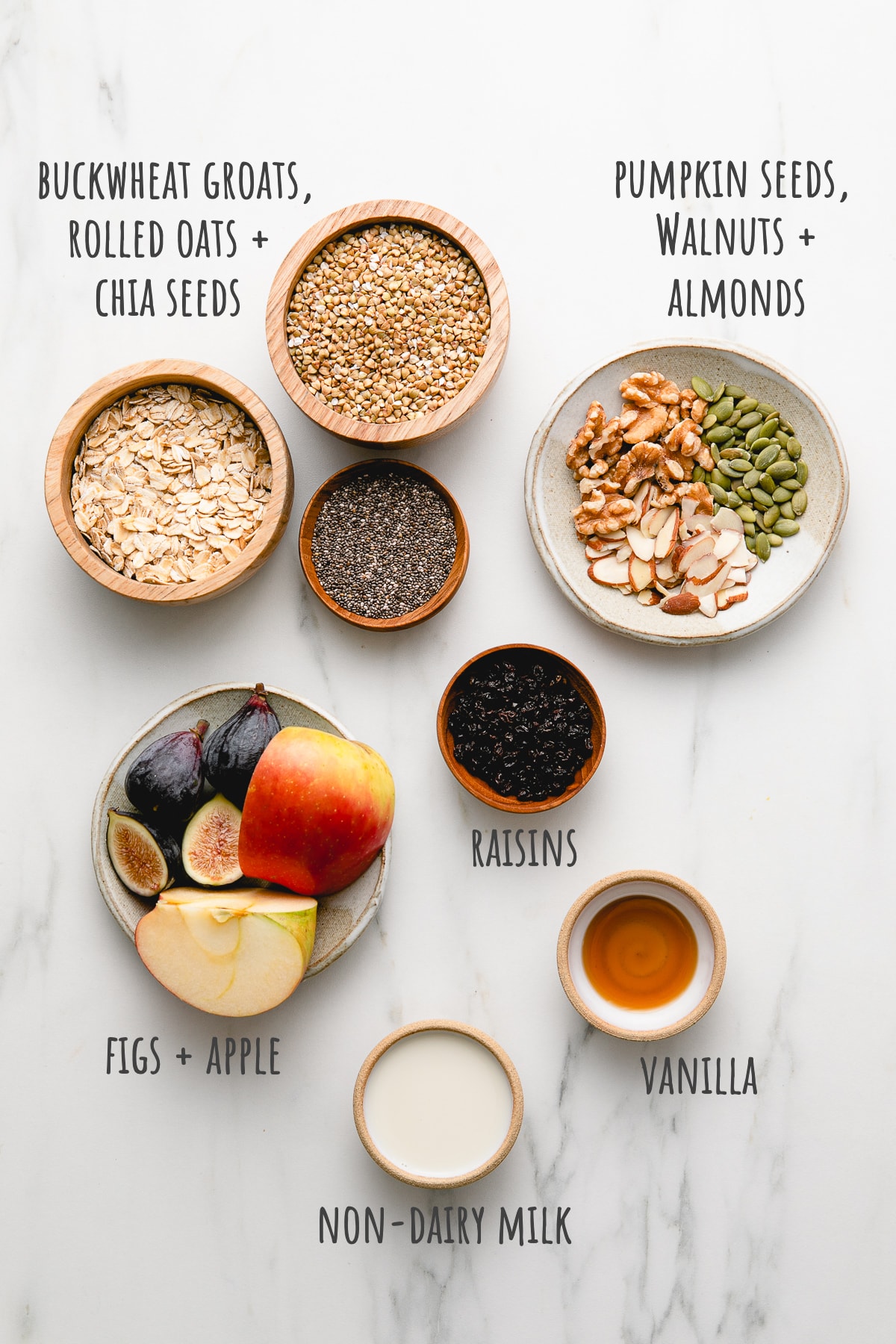 top down view of ingredients used to make healthy bircher muesli recipe.