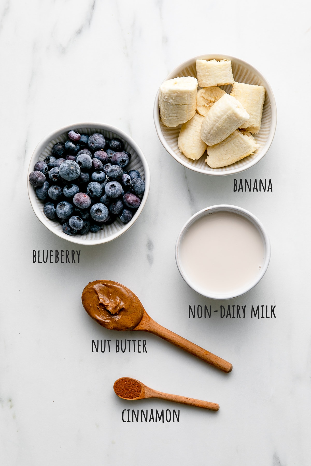 top down view of ingredients used to make blueberry banana smoothie recipe.