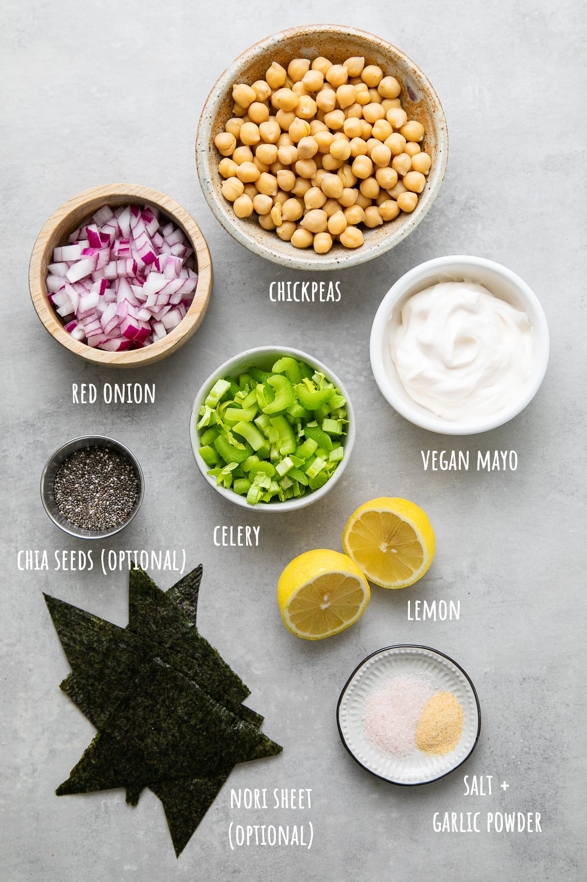 top down view of ingredients used to make vegan chickpea tuna salad.