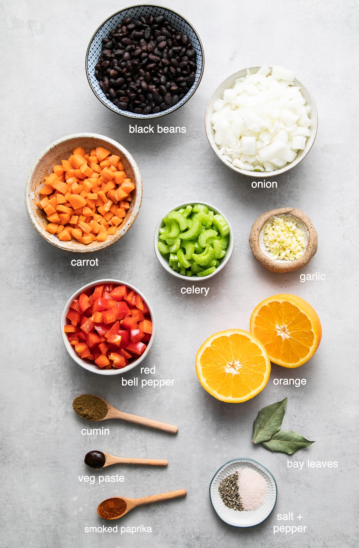 top down view of ingredients used to make cuban black bean soup.