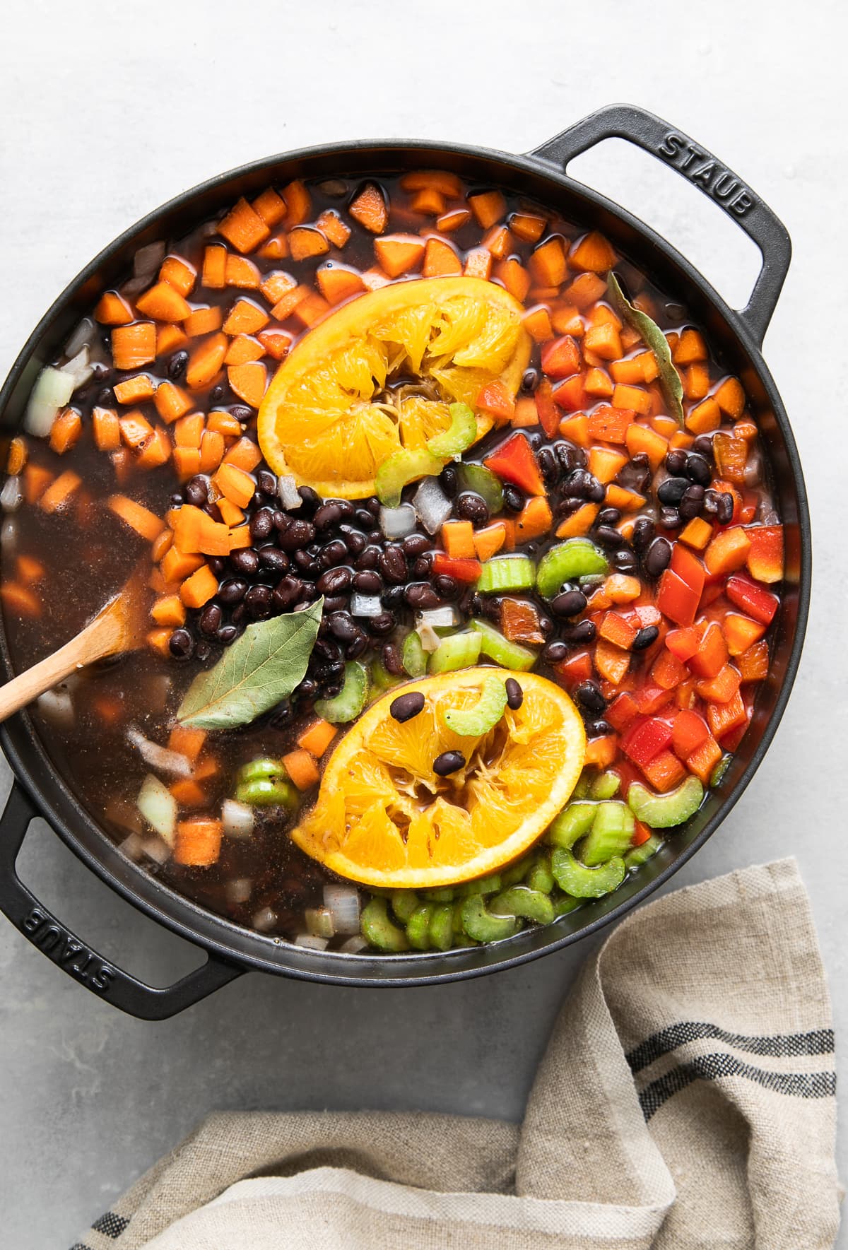 top down view of cuban black bean soup before bringing to a boil on the stovetop.