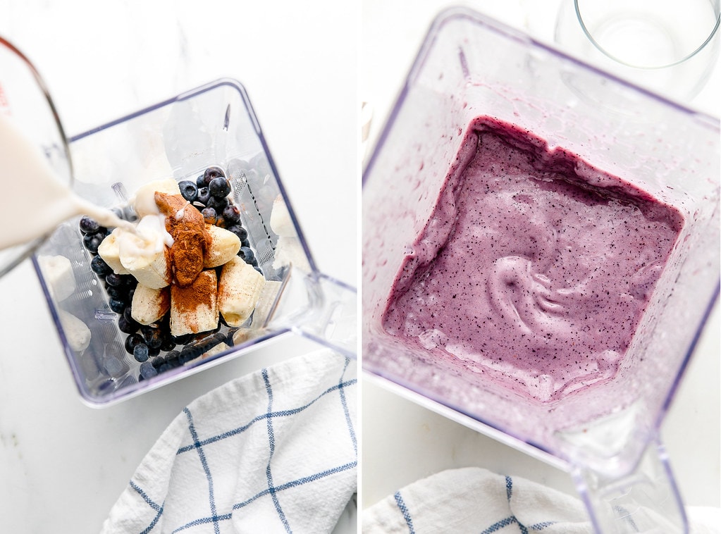 side by side photos showing the process of making blueberry banana smoothie.