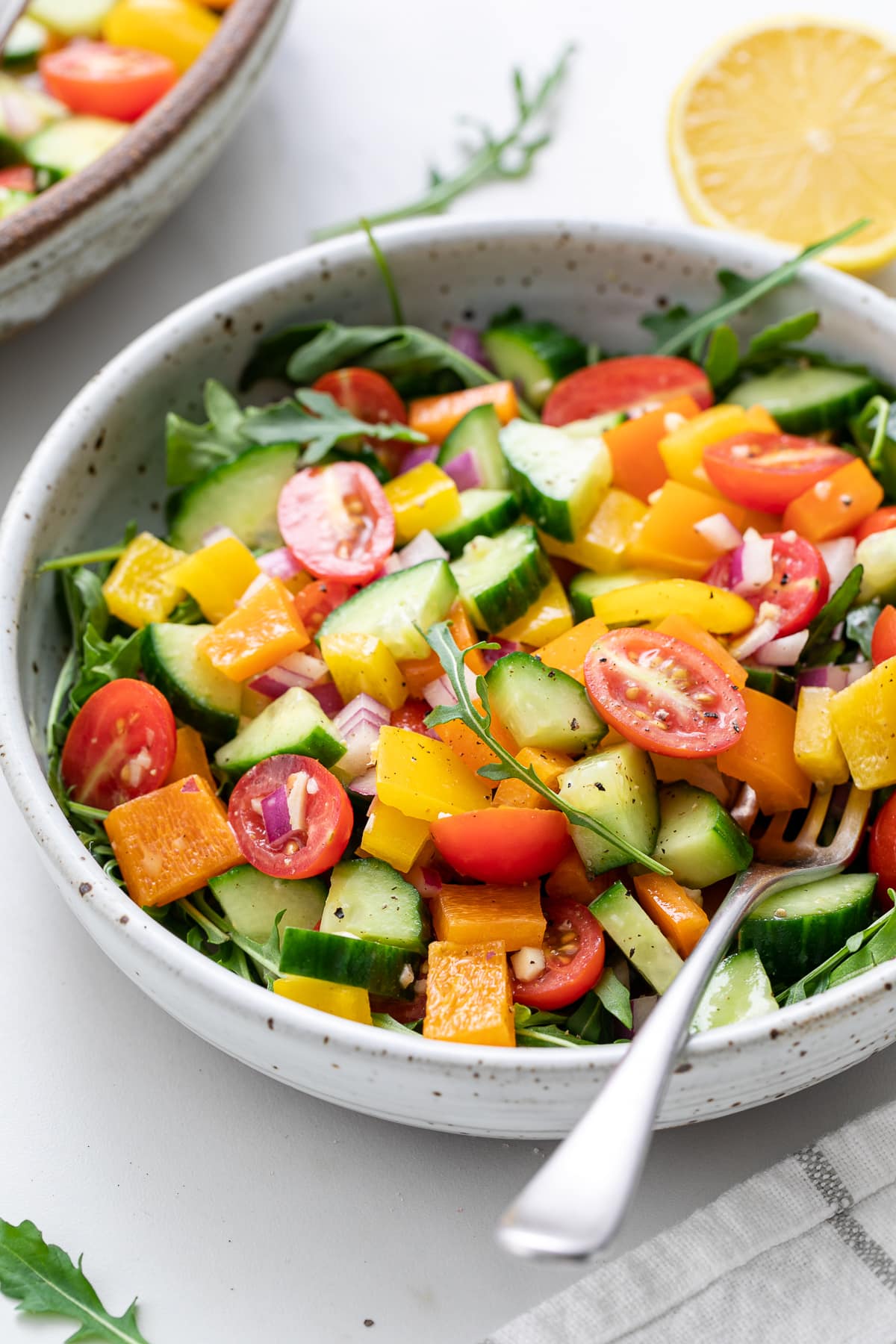 side angle view of plated vegetable salad with arugula.