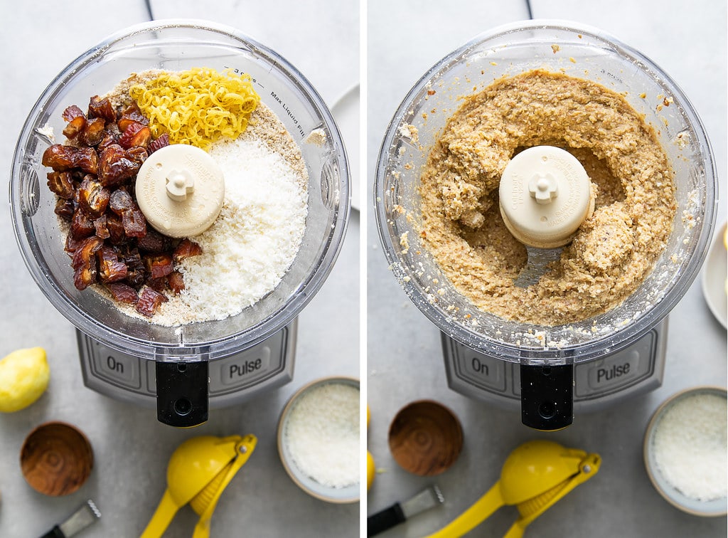 side by side photos showing the process of blending ingredients in a food processor.