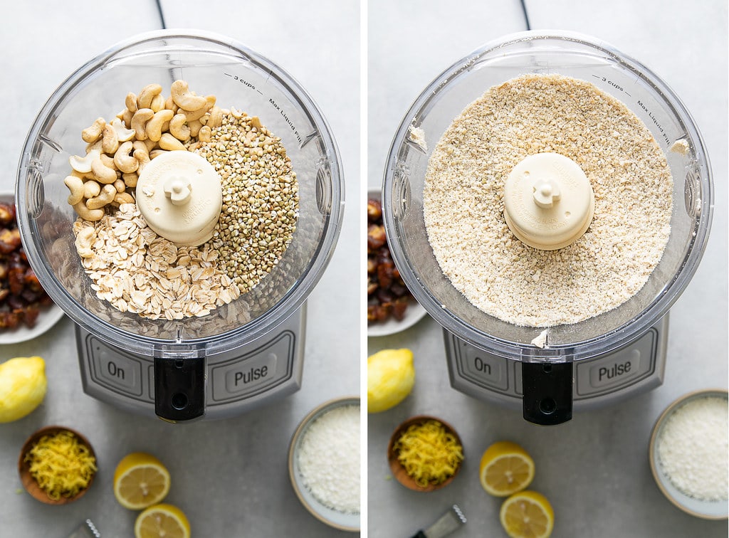 side by side photos showing the process of blending cashews, buckwheat groats and oats in a food processor.