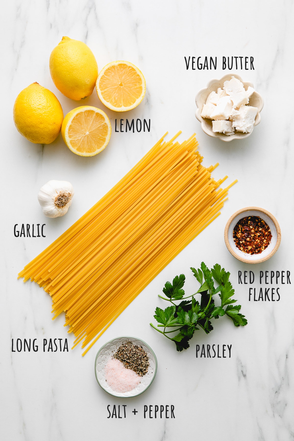 top down view of ingredients used to make garlic lemon pasta recipe.