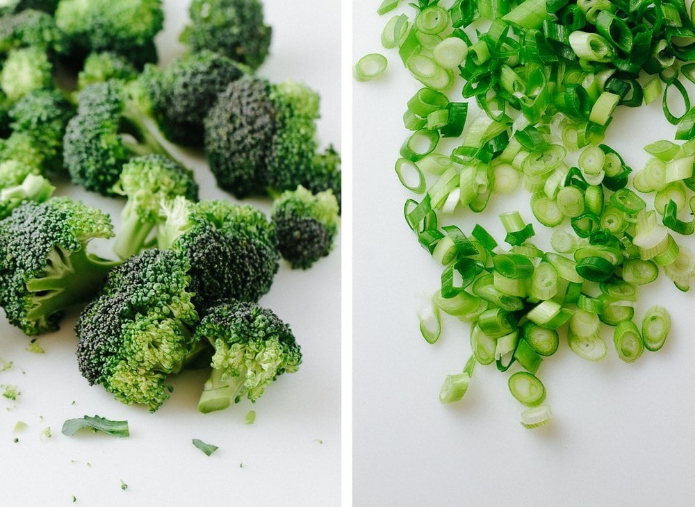 side by side photo of broccoli and sliced green onions on a white background