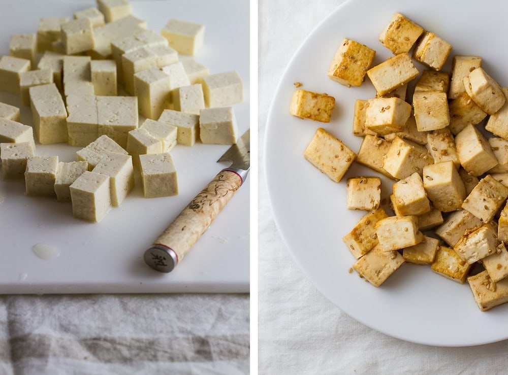 side by side photo of diced tofu and tofu that has been marinated and cooked