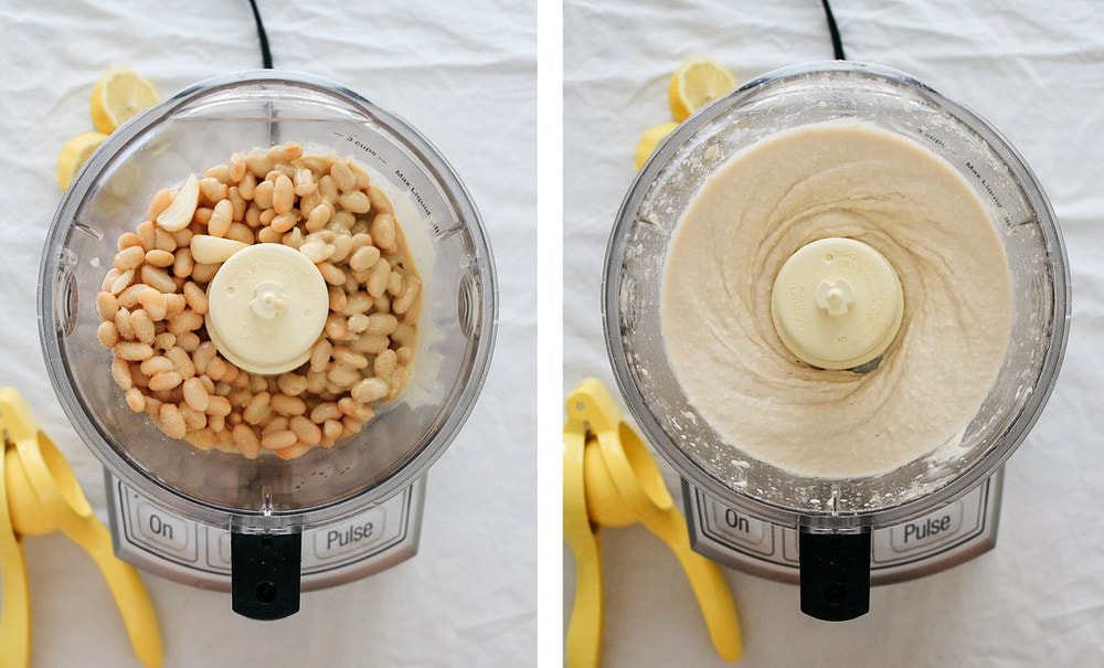 side by side comparison of ingredients for white bean hummus added to the bowl of food processor, next to hummus blended and ready to serve.