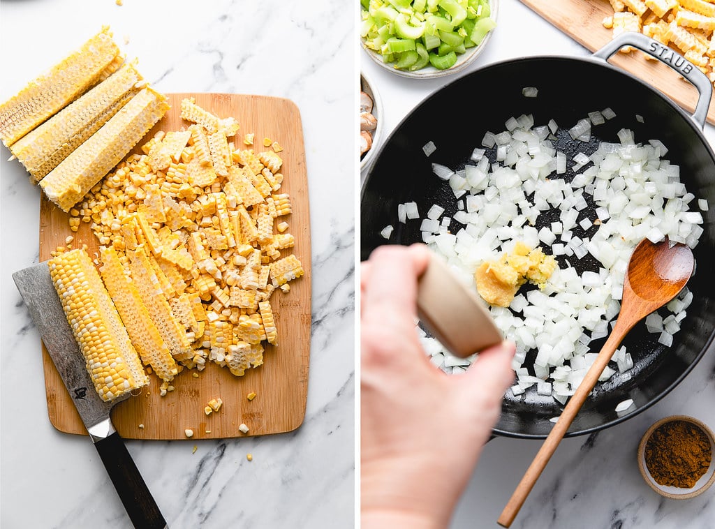 side by side photos showing the process of shucking corn off the cob and sauteing onion.