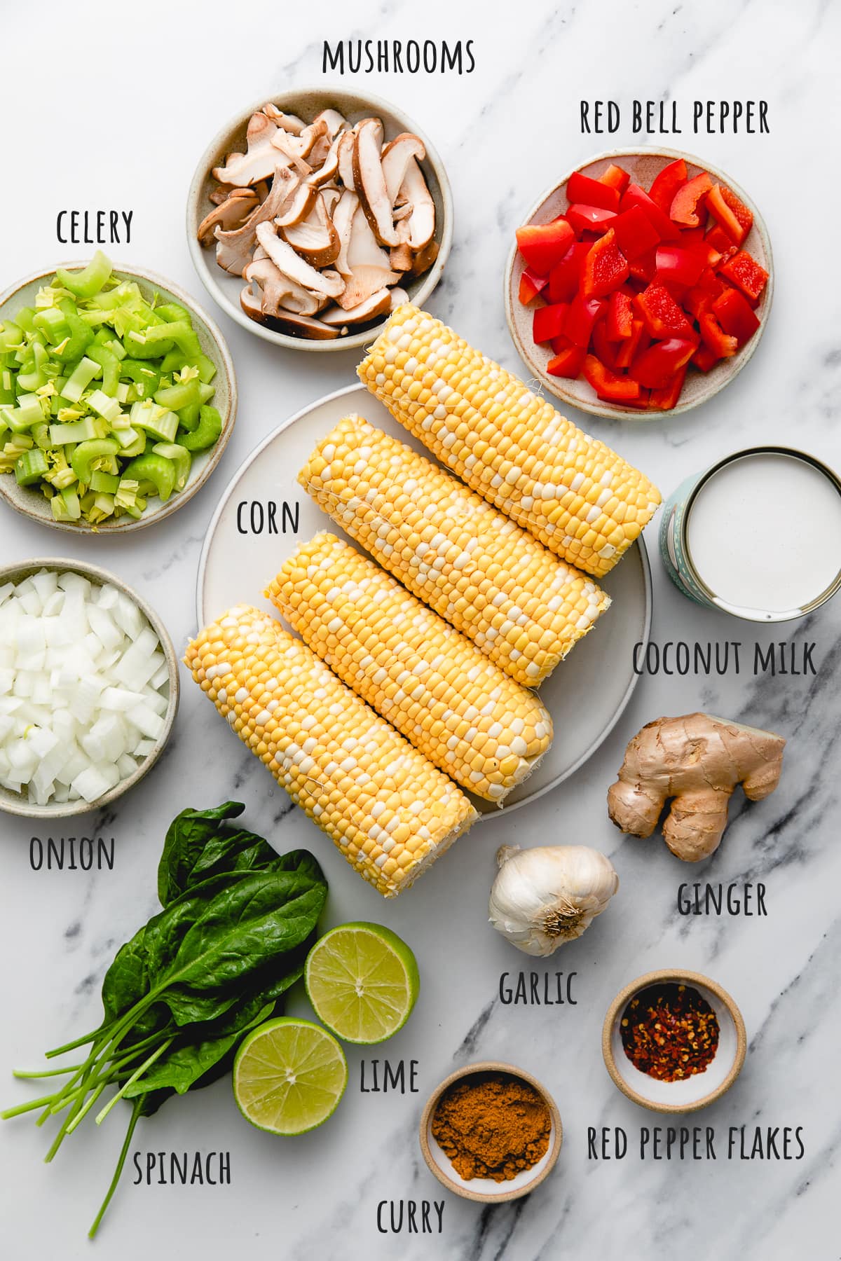 top down view of ingredients used to make vegan thai coconut curry corn soup recipe.