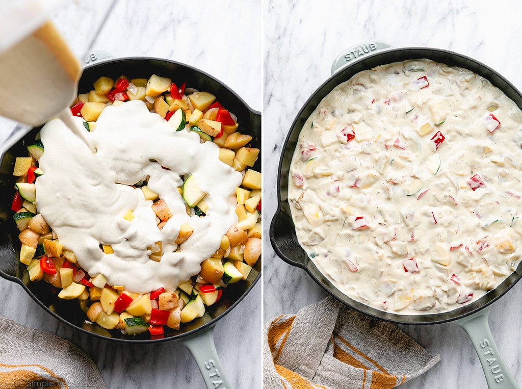 top down side by side process shots of tofu custard being added to veggies in a pan and mixed, ready for the oven.