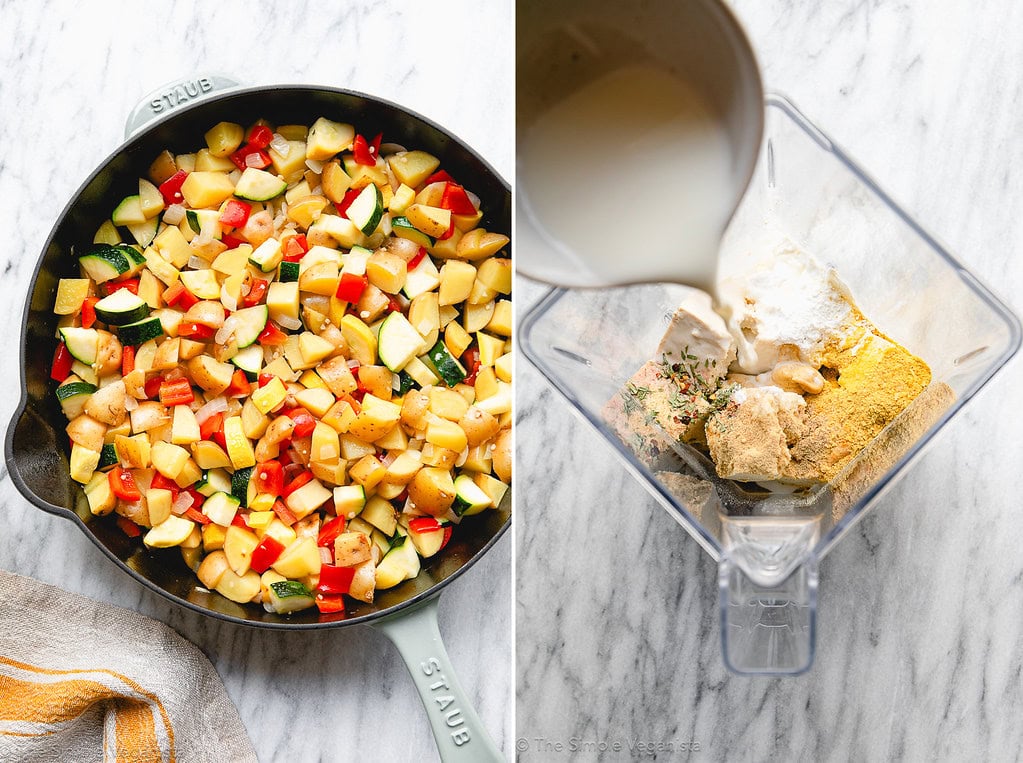 top down side by side photos of sauteed veggies in a pan and making tofu egg base.