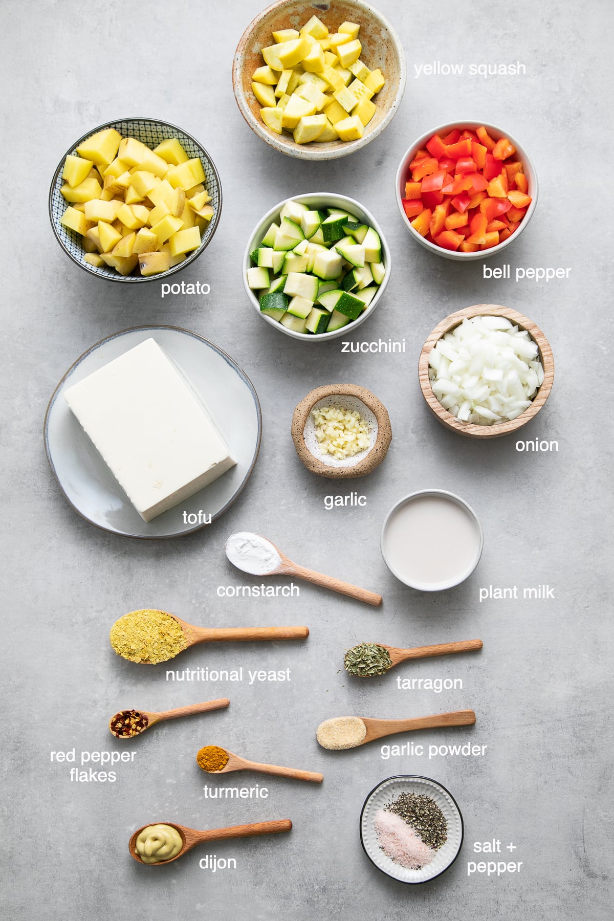 top down view showing the ingredients used to make vegetable vegan frittata recipe.