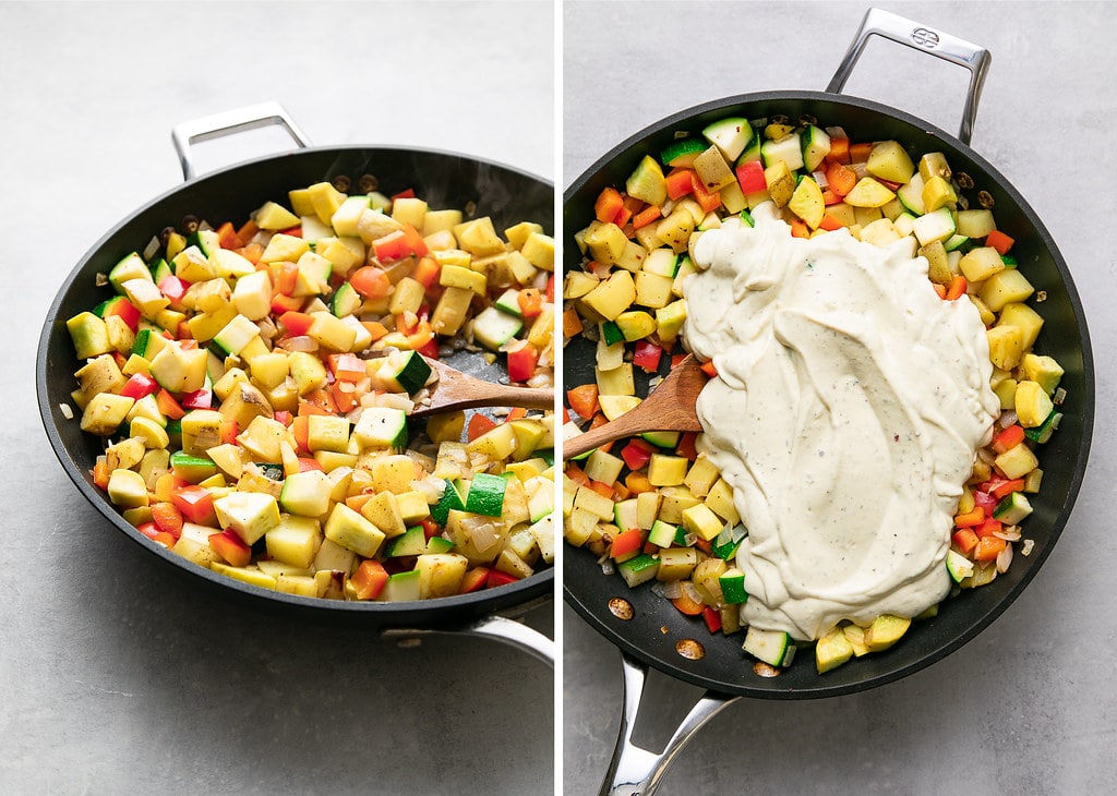side by side photos showing the process of mixing vegetables and vegan egg replacer for vegetable frittata.