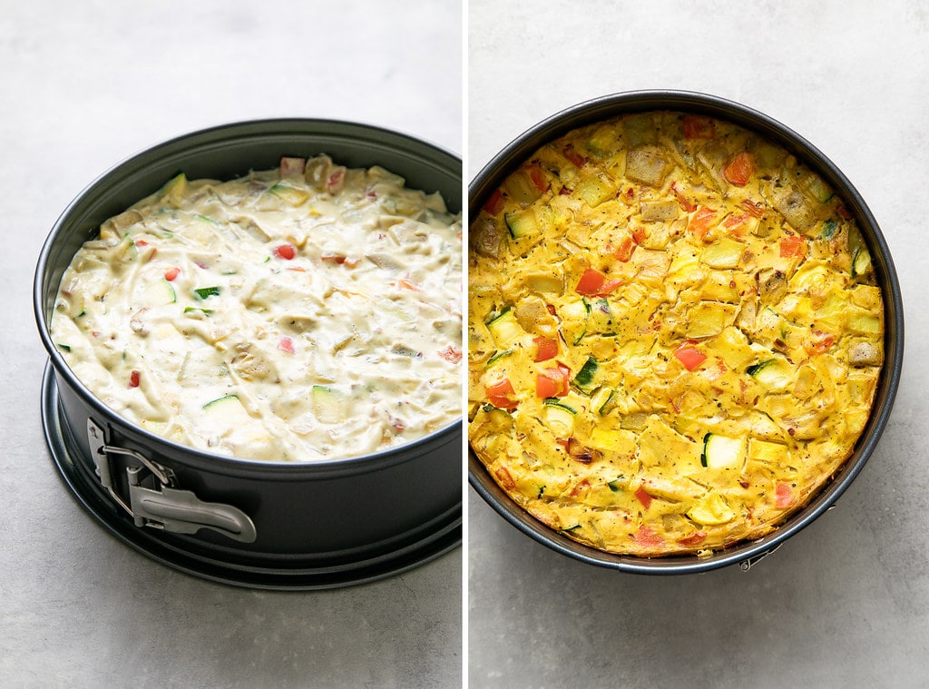 side by side photos showing the process of filling springform pan with vegan vegetable frittata mixture.