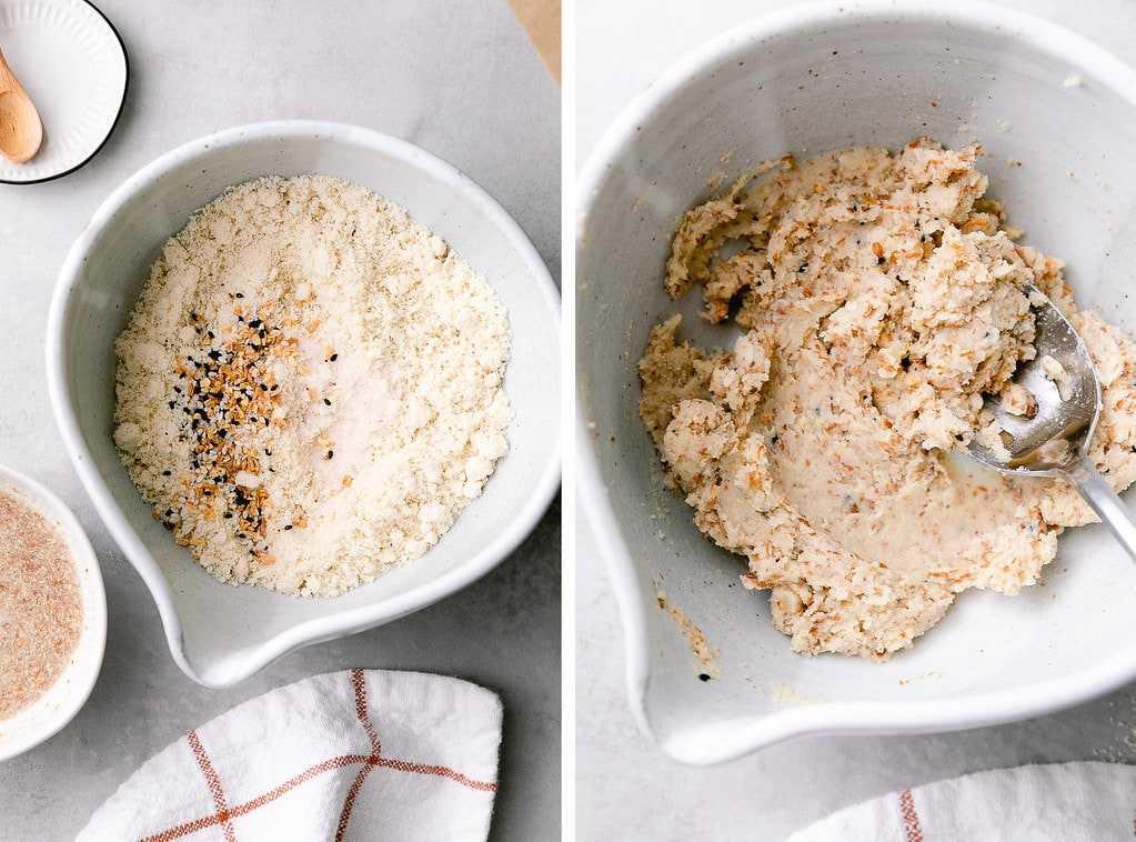 side by side photos showing the process of making cracker dough.