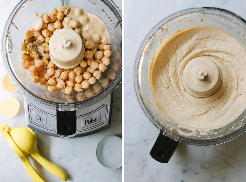 side by side comparison of ingredients for hummus added to the bowl of food processor, next to hummus blended and ready to serve.