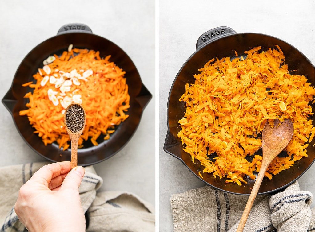 side by side photos showing the process of sauting spice carrot mix in cast iron pan.