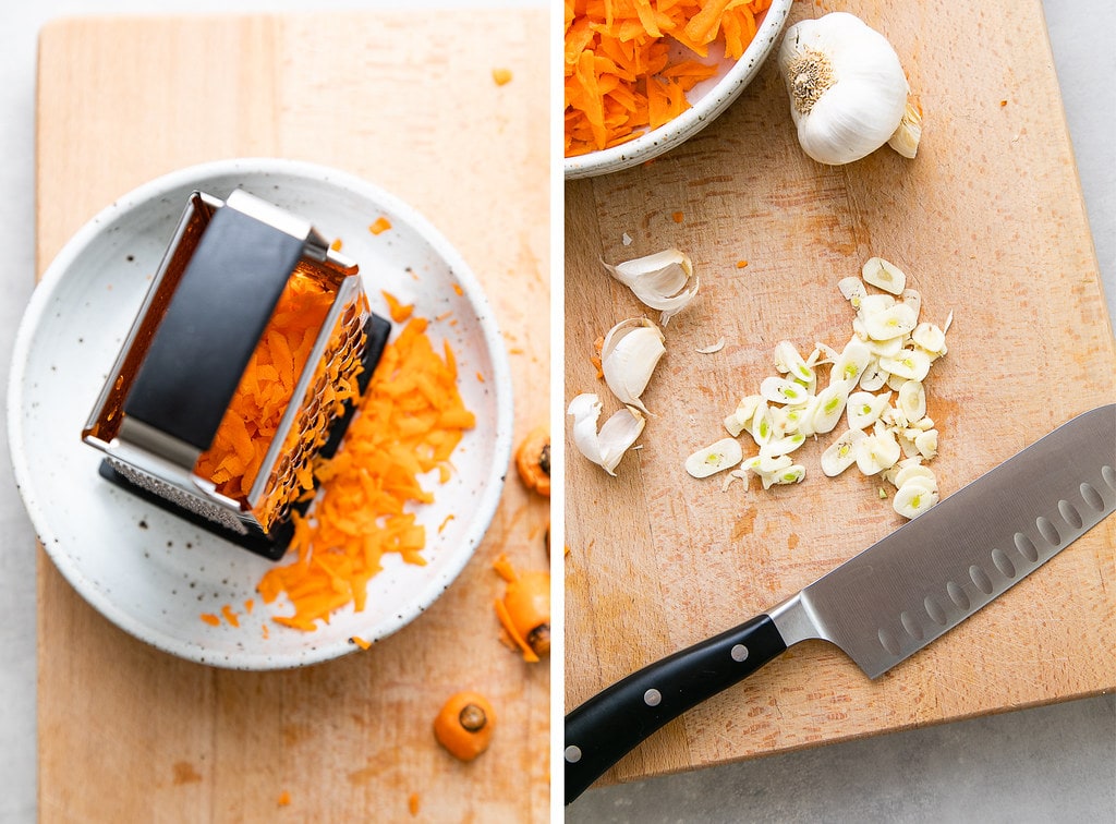 top down view showing the process of prepping carrots and garlic on a cutting board.