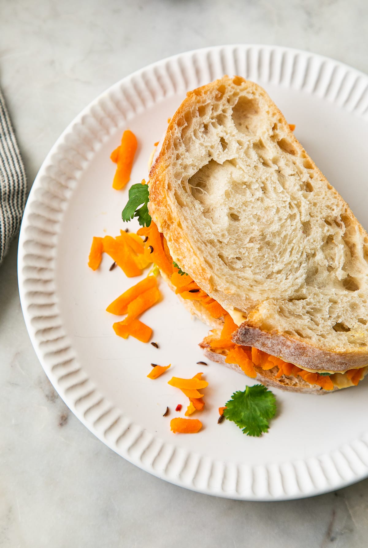 side angle view of carrot and hummus sandwich on a white plate.