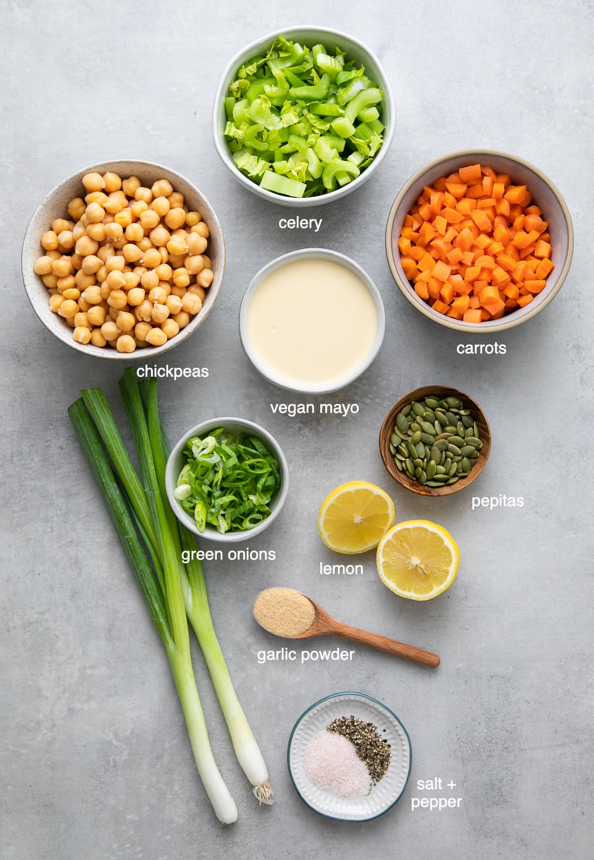 top down view of ingredients used to make the best mashed chickpea salad.