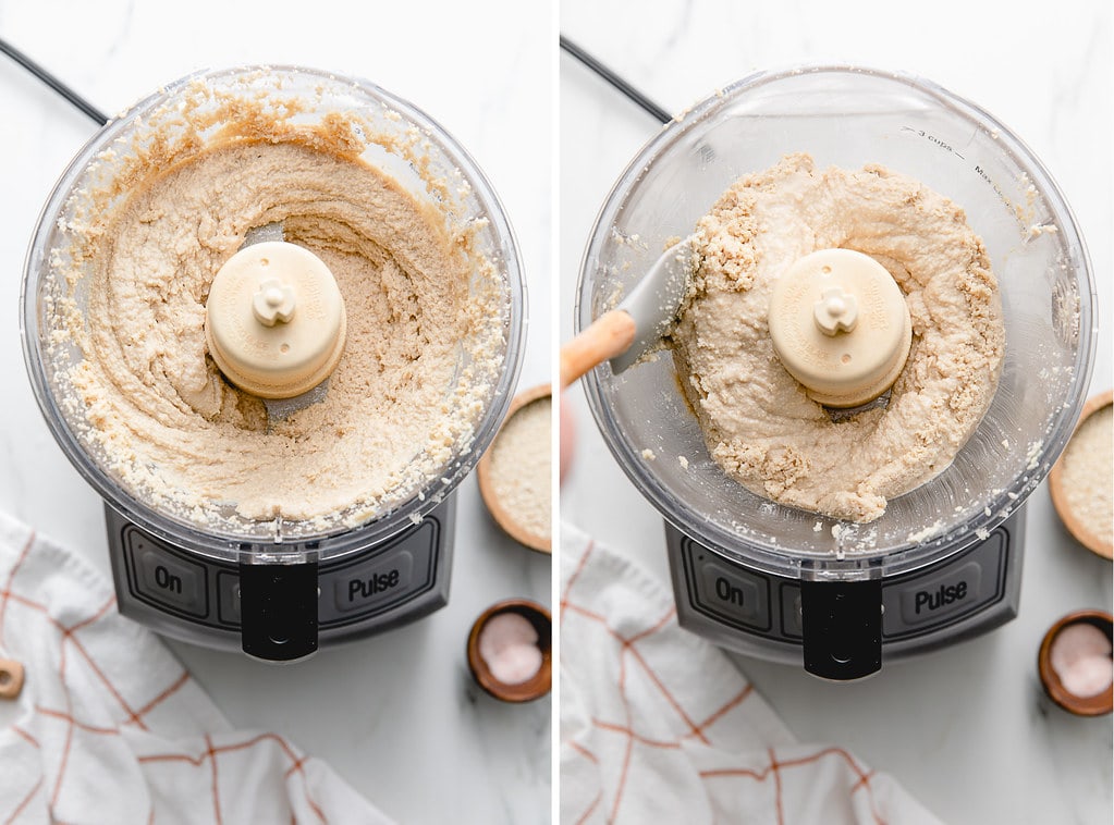 side by side photos showing tahini recipe steps.