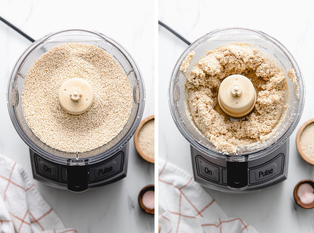 side by side photos showing the process of making tahini.