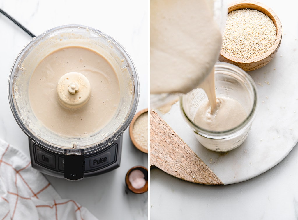 side by side photos of fresh made tahini in food processor and poured into mason jar.