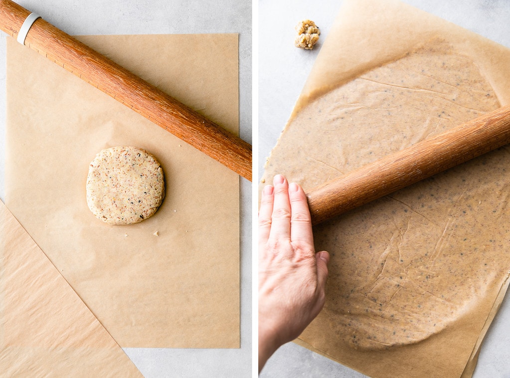 side by side photos showing the process of rolling cracker dough made with almond flour.