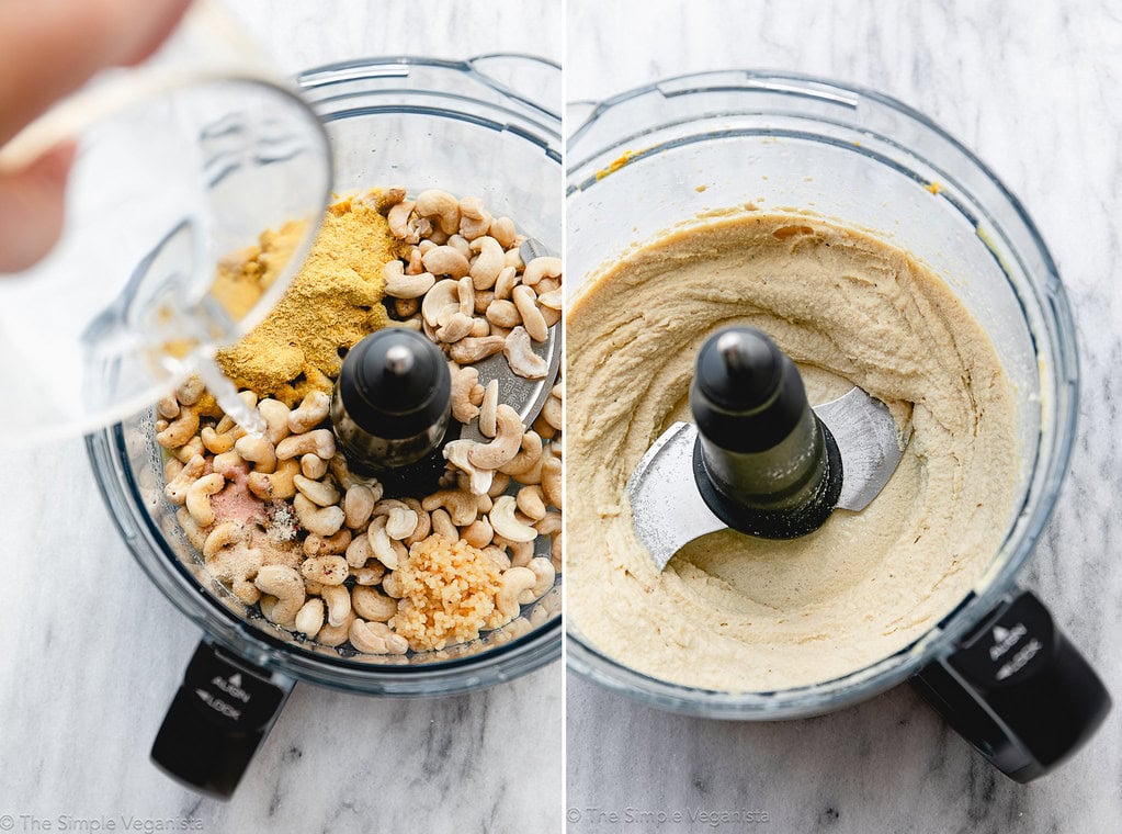 top down side by side process shots of before and after making cashew ricotta in a food processor.
