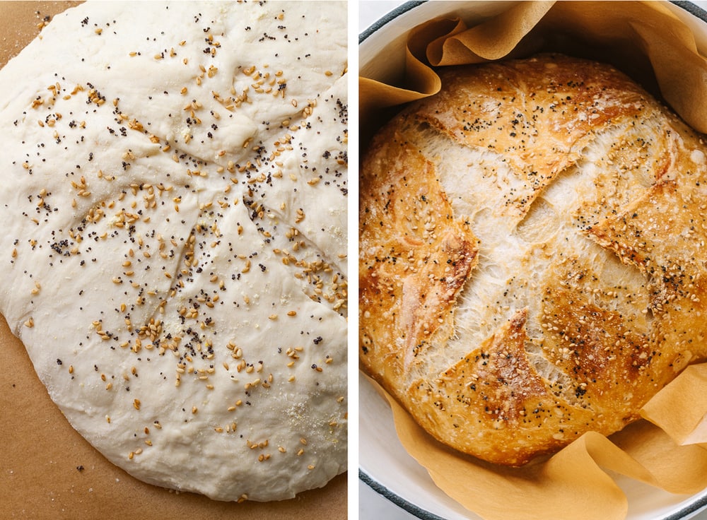 bread has rested, been scored and placed into a dutch oven