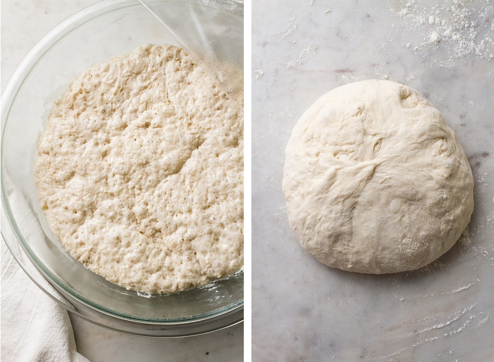 no knead bread dough has rested and risen, and shaped into a ball