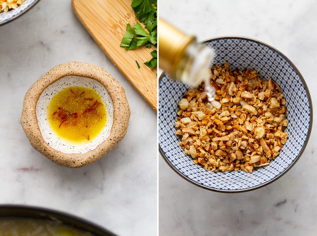 side by side photos showing the process of making saffron potato leek soup.