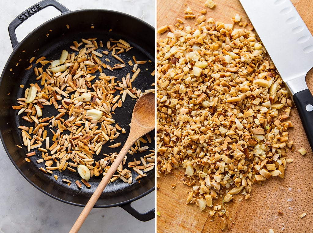side by side photos showing the process of making fried almond and garlic.