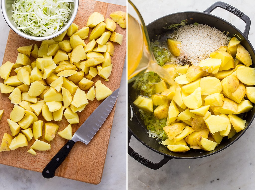side by side photos showing the process of making saffron potato leek soup recipe.