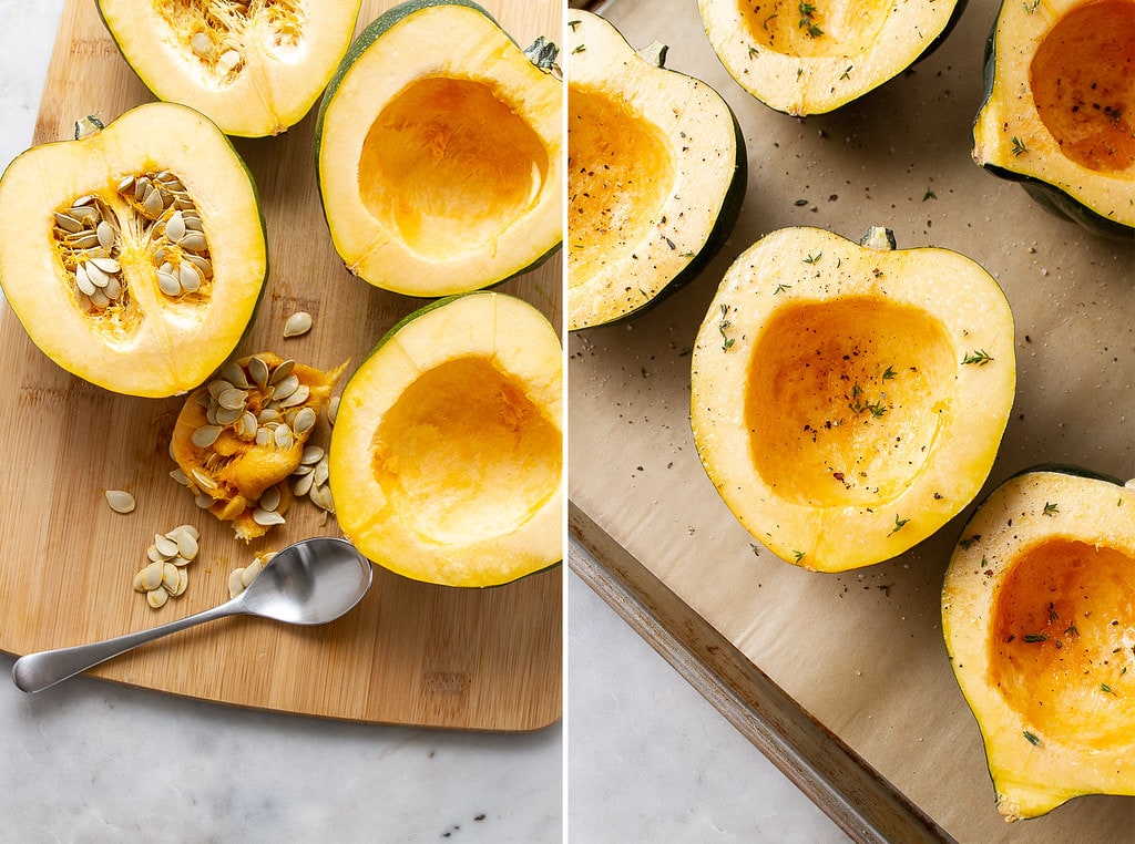 side by side photos showing the process of prepping acorn squash to roast.