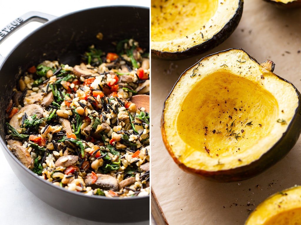 side by side photo of wild rice medley and halved and roasted acorn squash.