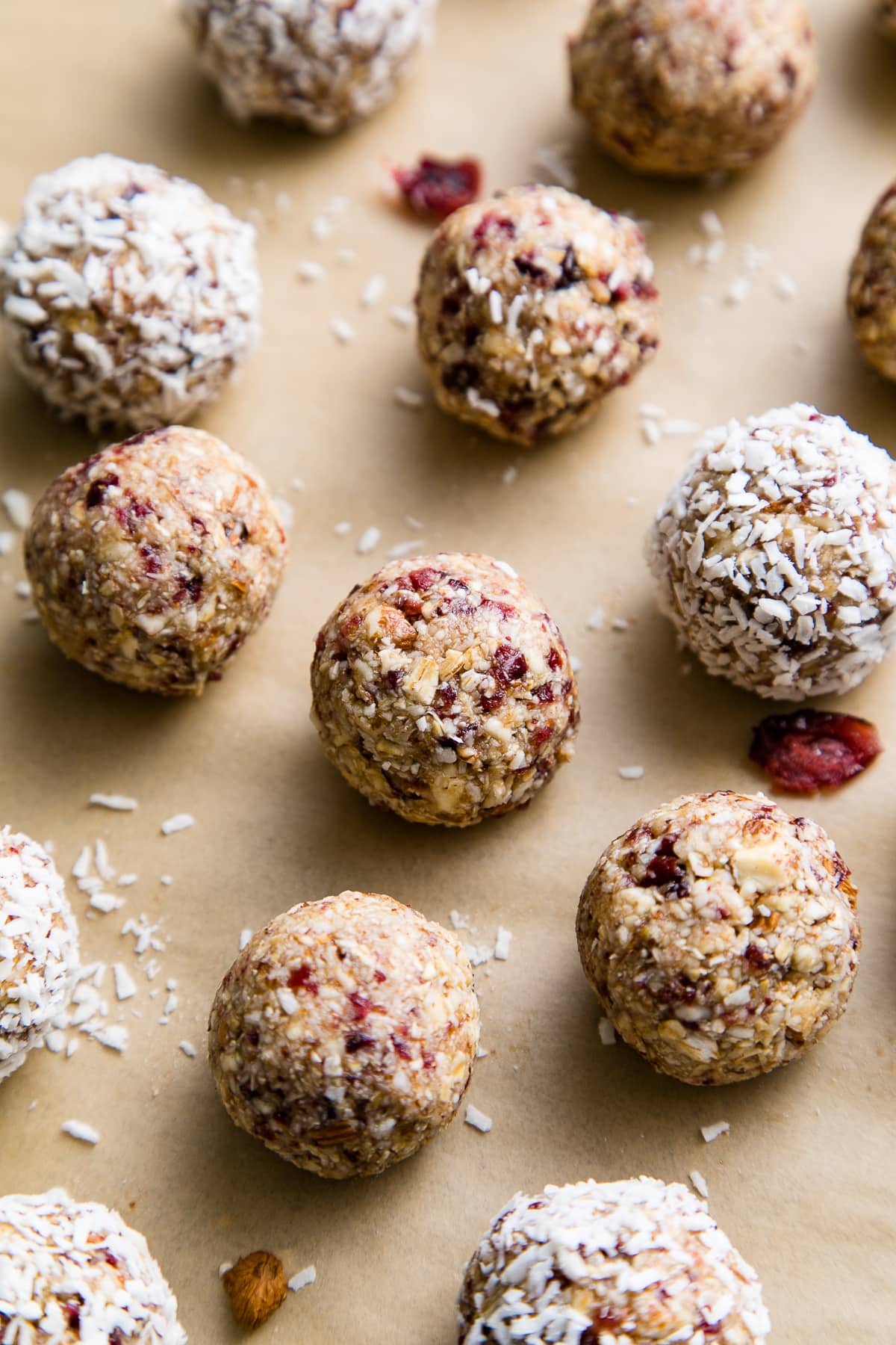 side angle view of freshly made cranberry energy bites.