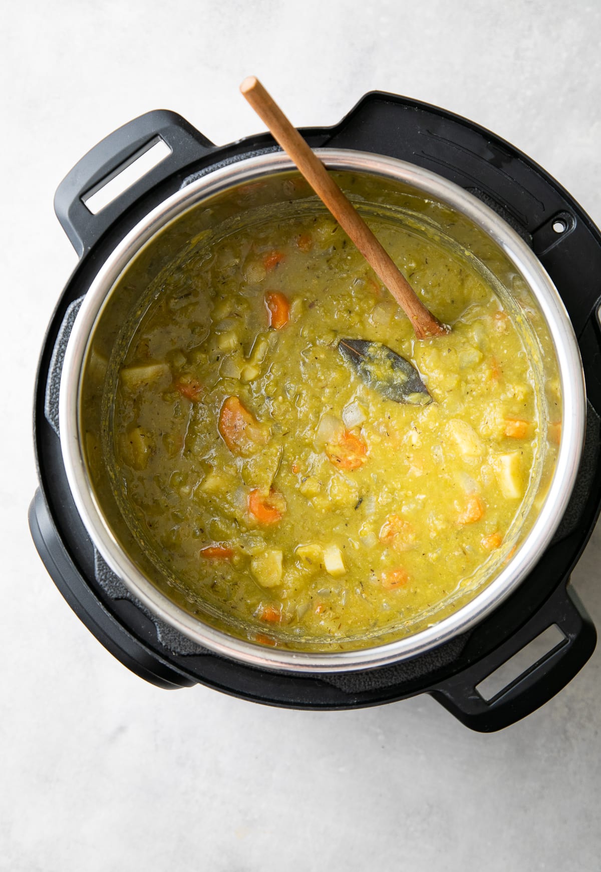 top down view of freshly made parsnip split pea soup in an Instant Pot.