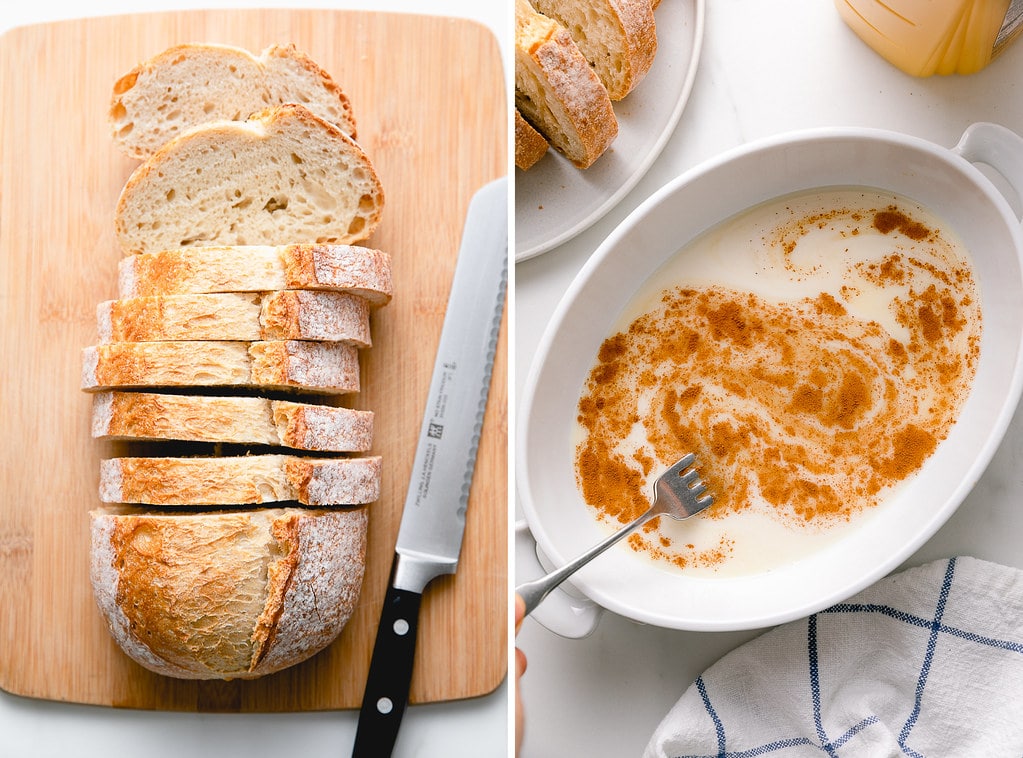 side by side photos showing the process of prepping orange french toast ingredients.