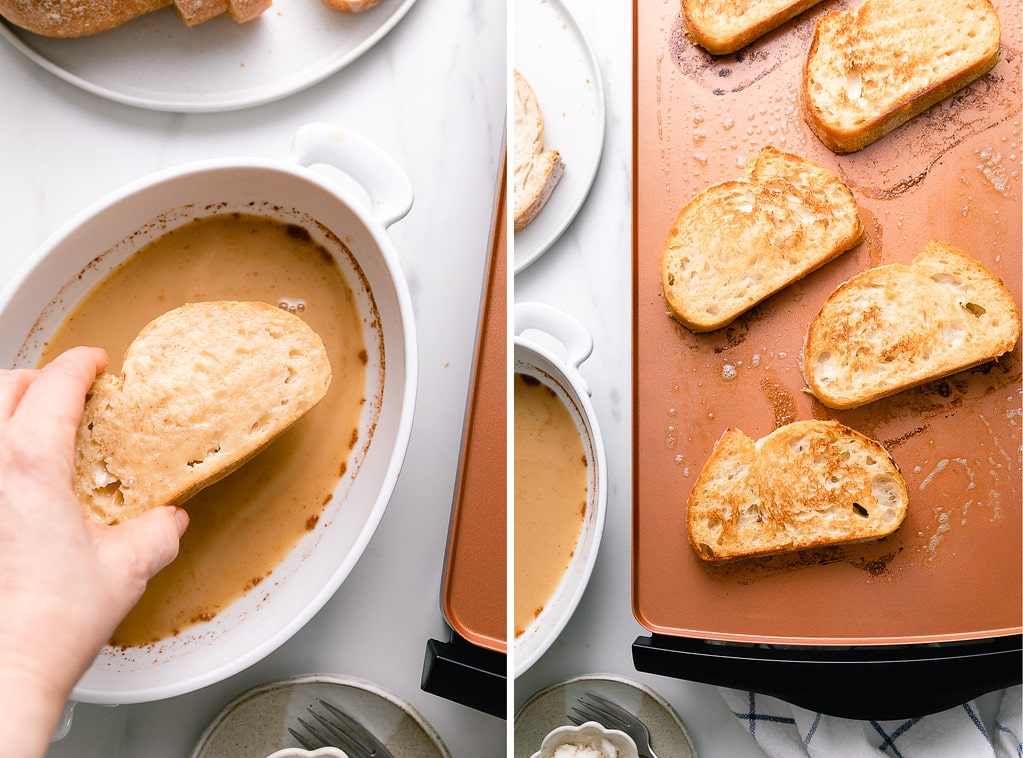 side by side photos showing the process of cooking orange french toast on griddle.