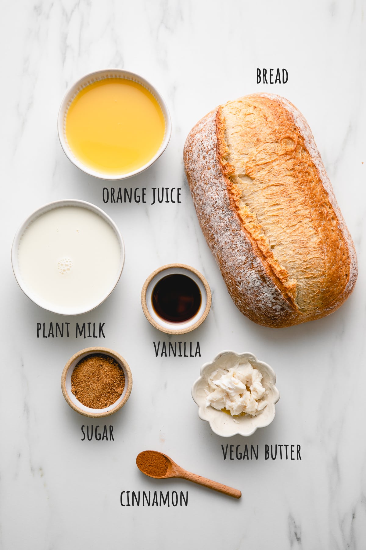 top down view of ingredients used to make vegan orange french toast recipe.