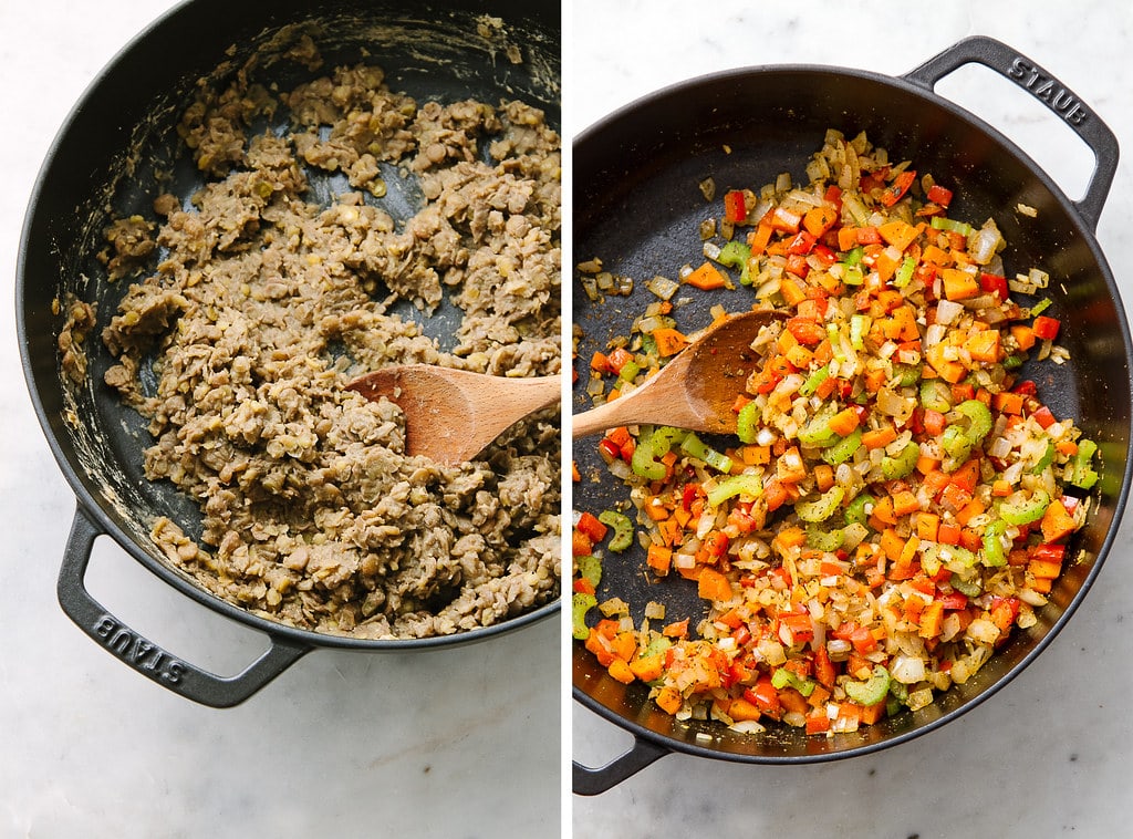 side by side photos showing the process of making lentil loaf.