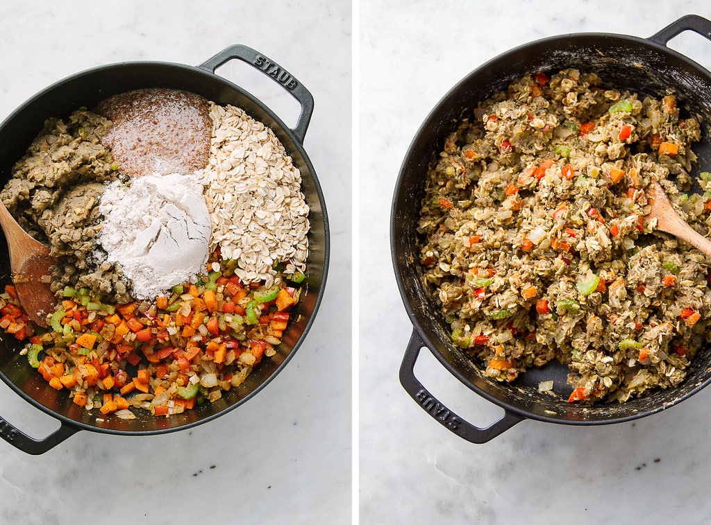 side by side photos showing the process of mixing the vegetable lentil loaf mixture.