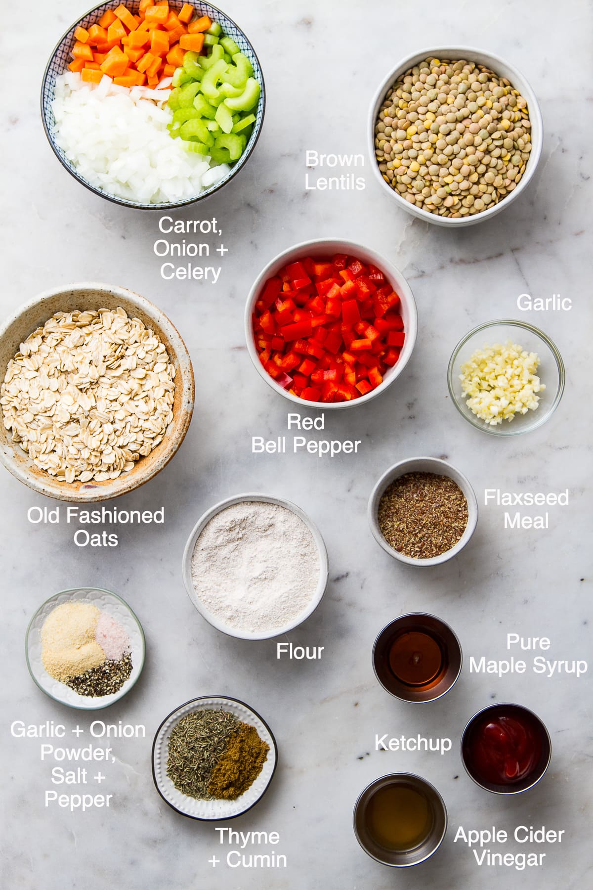top down view of ingredients used to make vegetable lentil loaf recipe.